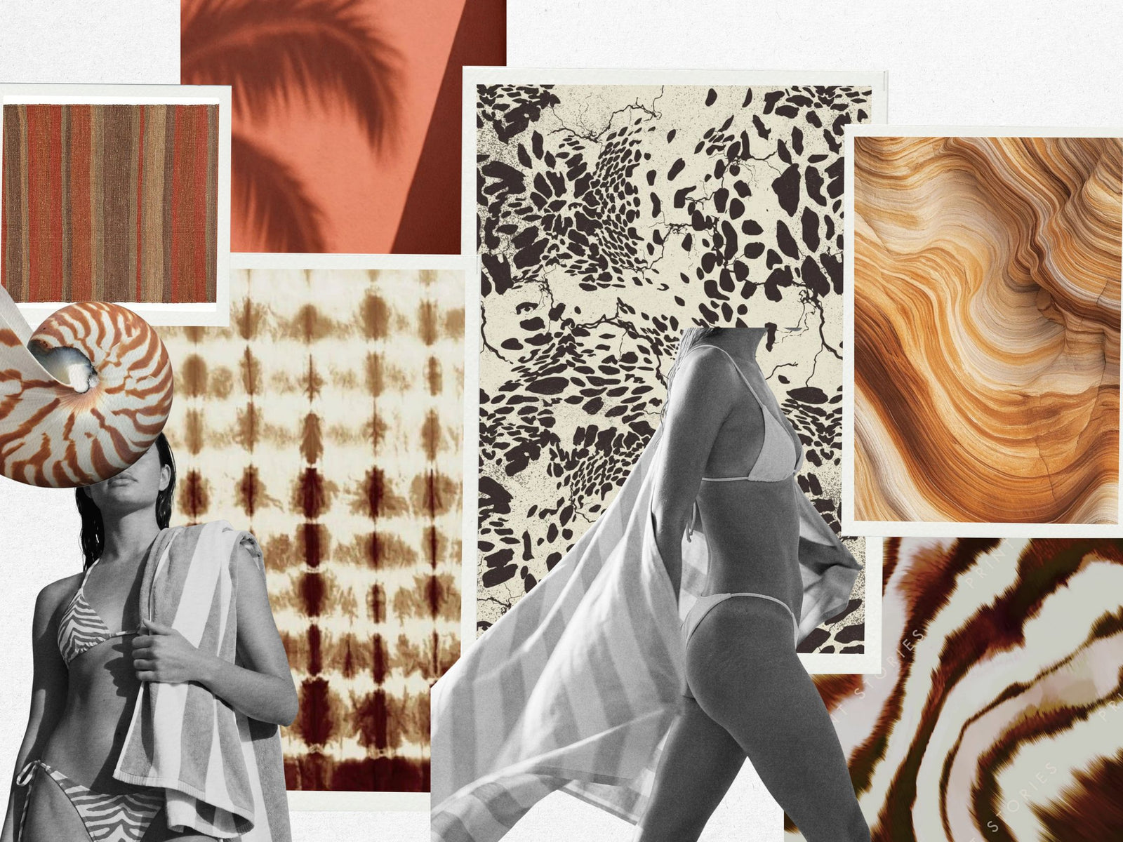 Rare Earth mood board — mineral prints, shibori stripes, agate and tiger patterns in ochre and clay
